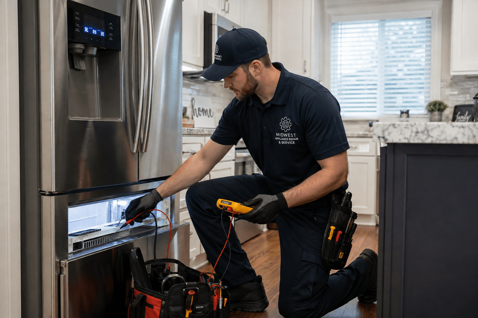 Appliance repair technician kneeling to diagnose a refrigerator with a multimeter