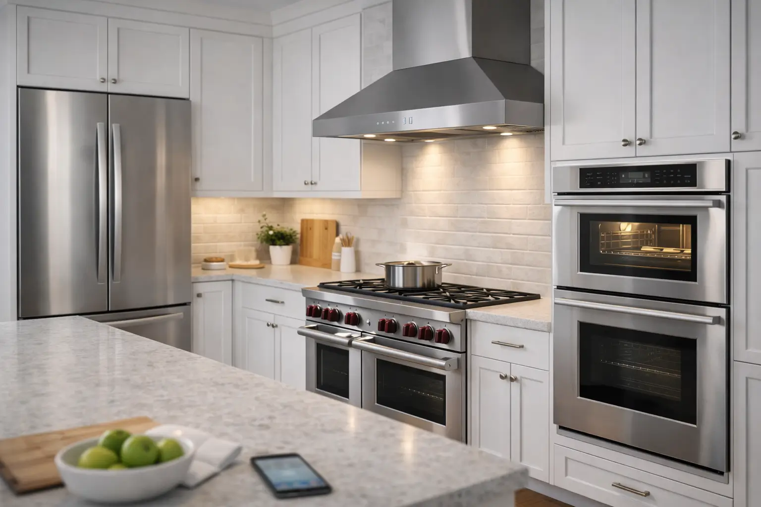 Bright modern kitchen with a professional-style stainless steel refrigerator, range, and built-in wall ovens