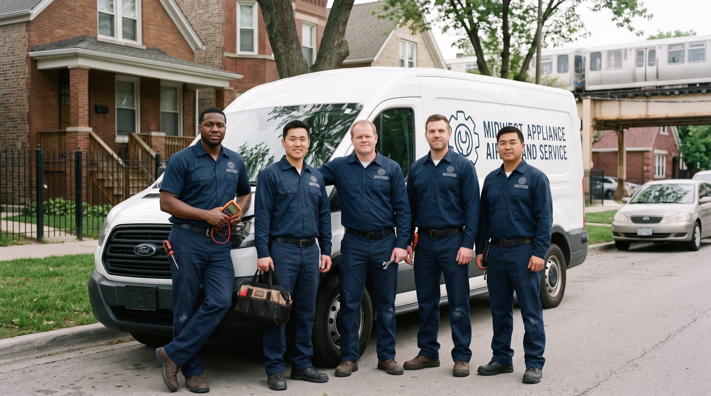 Midwest Appliance Repair & Service technicians in front of a service van